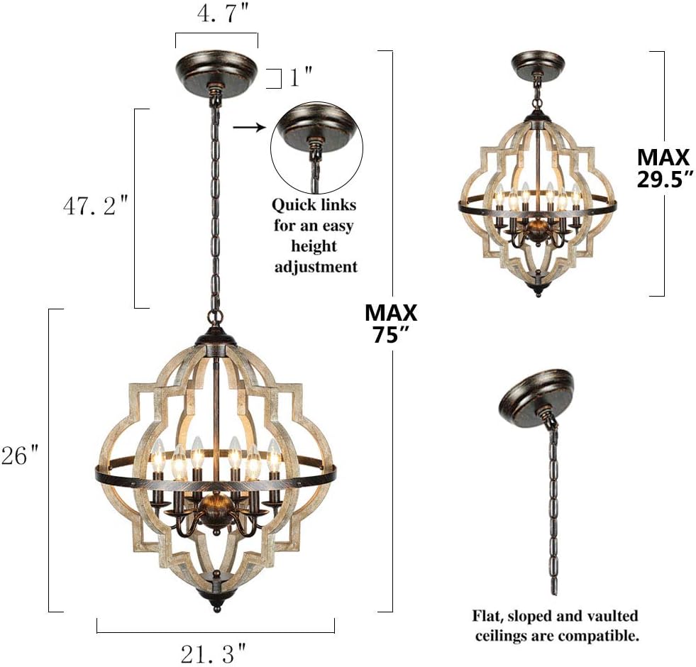 Lampundit Orb 6-Light Farmhouse Chandelier Brown Stardust Finish Rustic Vintage Wood Chandelier for Bedroom Dining Room Kitchen Foyer - - 