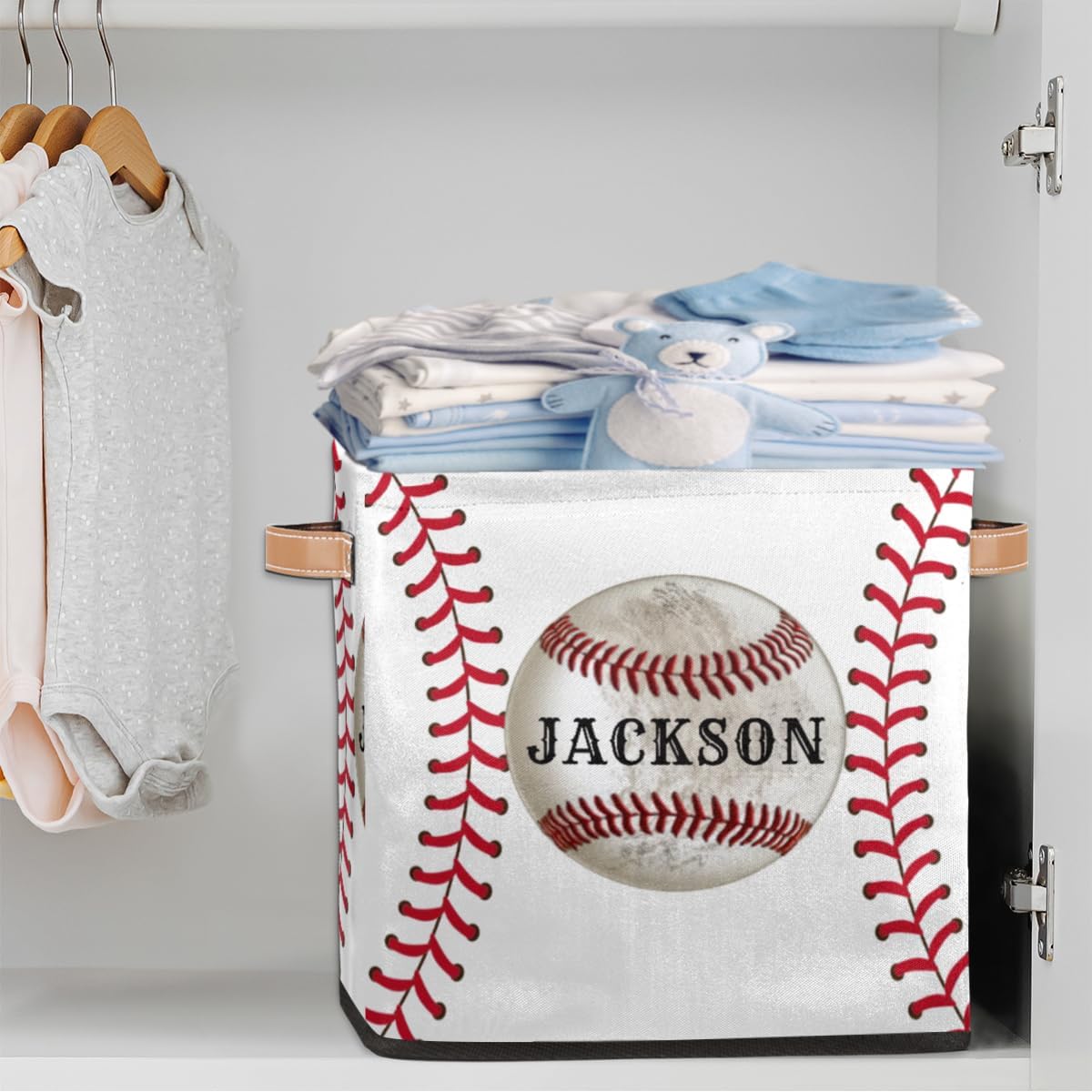 Custom Storage Baskets Personalized Storage Bins Basket Boxes with PU Leather Handles for Clothes Bedroom Closet Organizing Toys Books Shelves Storage Boxes-Baseball Sports