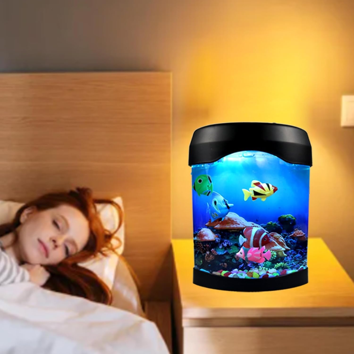 Fake Fish Lamp, Nightly Lifelike Desk Electric Mood Fake Fish Tank Light, LED Light Tank with 6 Color Changing and 5 Fake Fish, Mini Aquarium for Home Office Decor Bedroom,Gifts for Kids and Adults