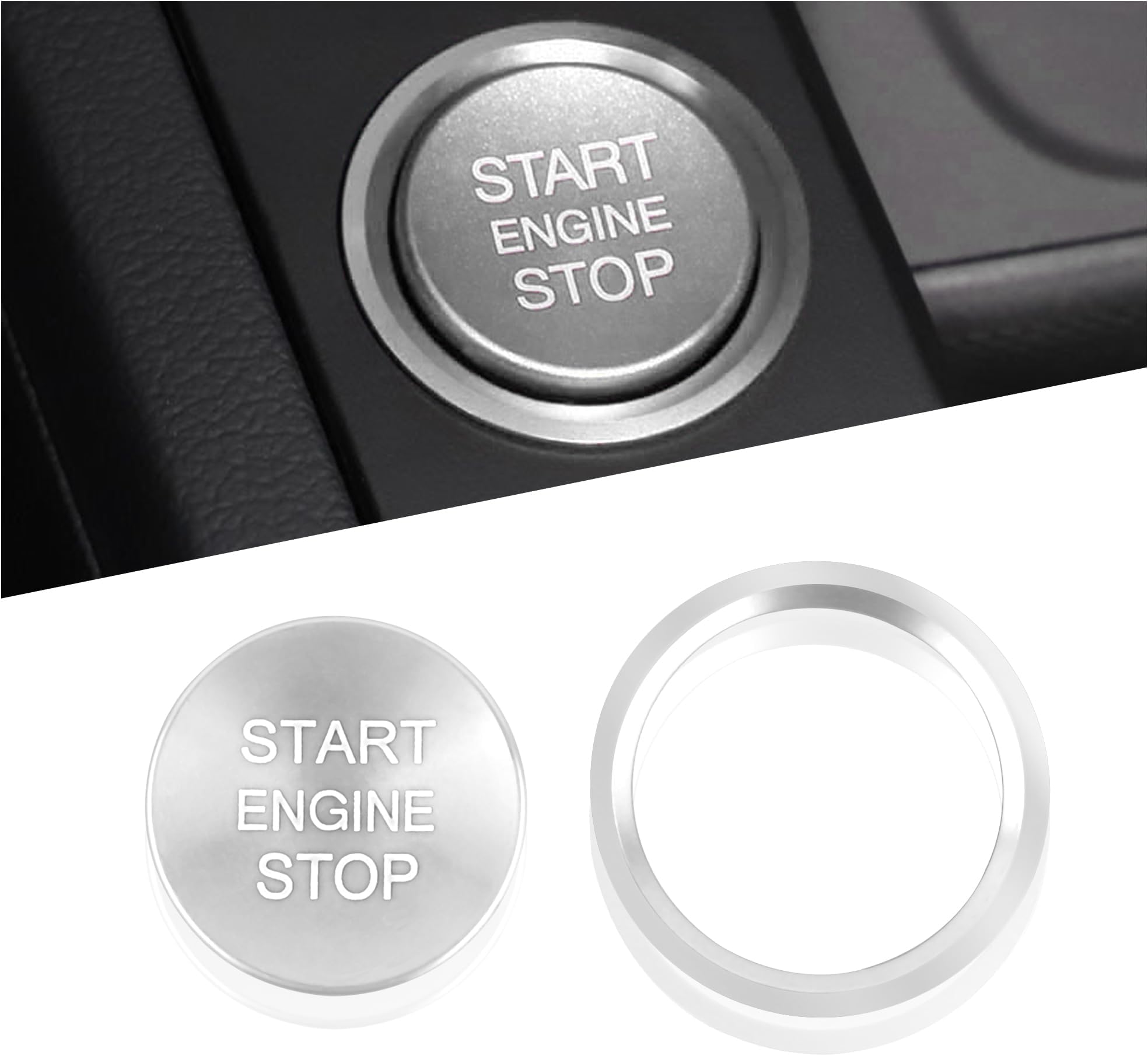 carleef Car Push Start Button Cover Compatible with Audi,Cool Aluminum Engine Start Button Cover with Metal Ring for Car Decorations,Car Accessories Interior Start Stop Button Cover (Silver)