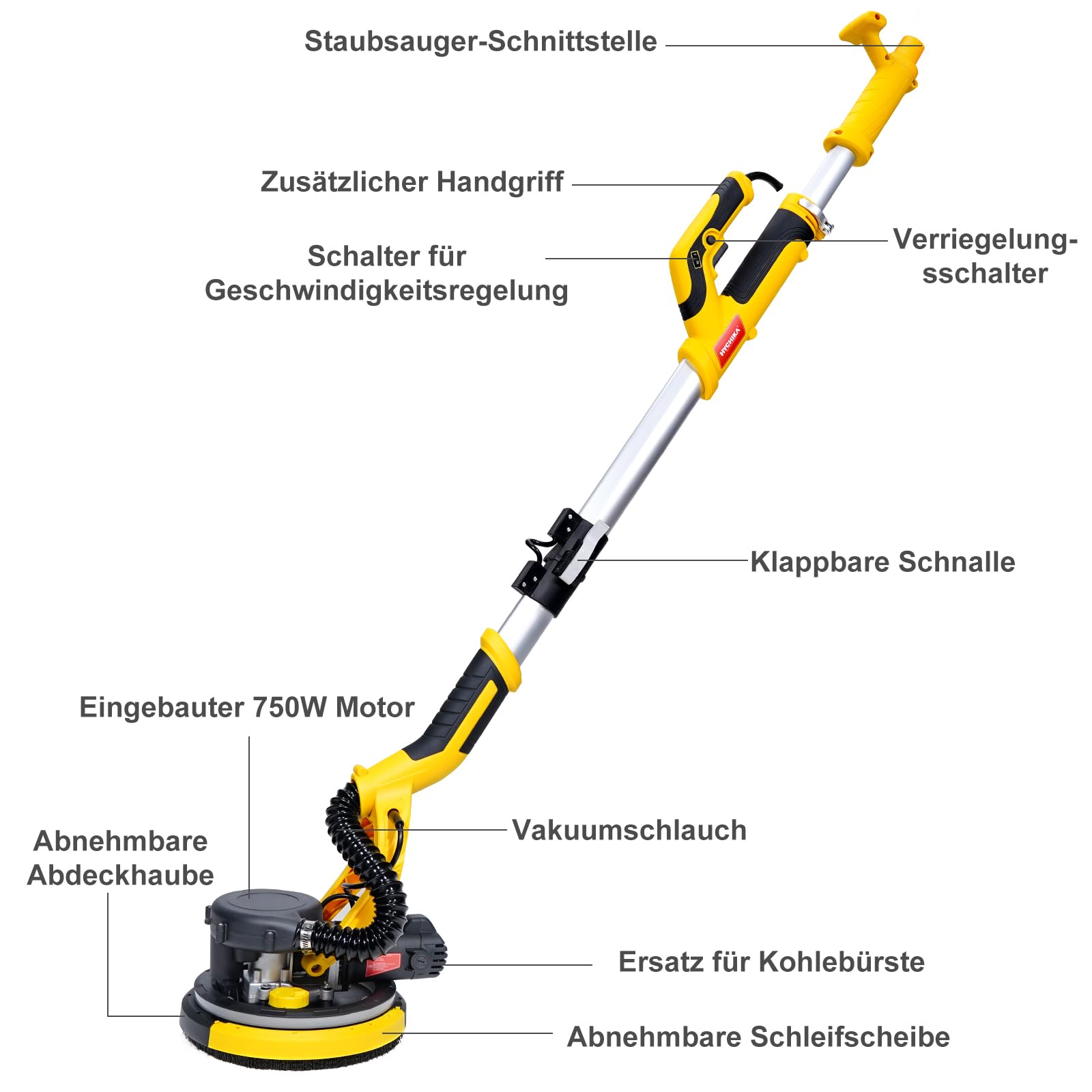 HYCHIKA Trockenbauschleifer, Wandschleifer, 750W Wand Schleifer mit Absaugung, Ausziehbarer Faltbarem Griff, Schleifgiraffe mit 6 Gänge schalten und LED-Licht Schleifteller Ø 214mm