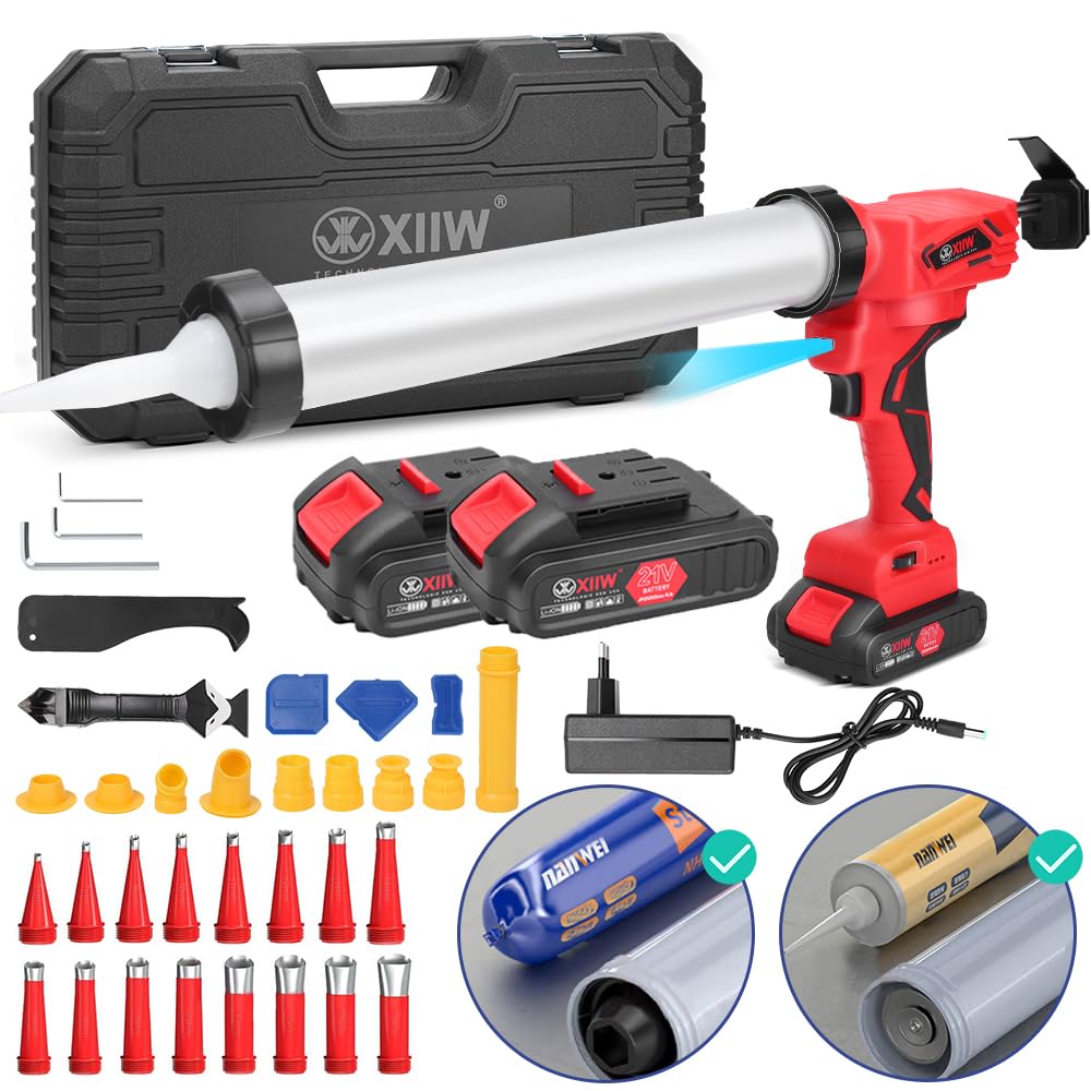 Pressa per cartucce elettrica in silicone con 2 batterie (21 V 2 Ah), pistola a cartuccia 7840 N con LED, 16 X ugello di tenuta, 6 X base di ricambio, 0-32 mm/s, 6 velocità, per salsiccia da 600 ml,
