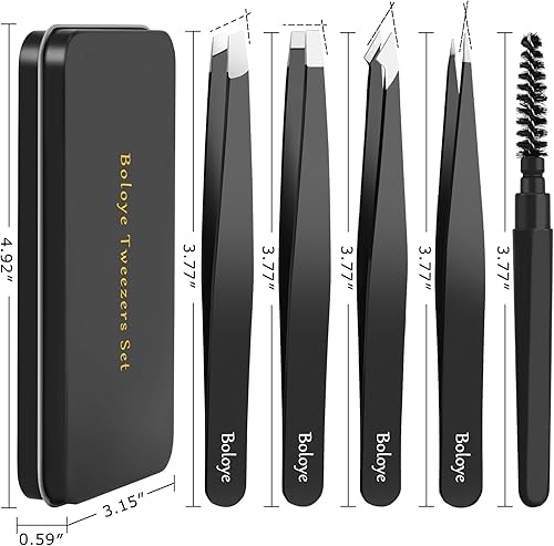 Miniatura 6 de Juego de pinzas, 4 pinzas para cejas y un cepillo para cejas con una caja de metal, acero inoxidable profesional para hombres y mujeres, precisión
