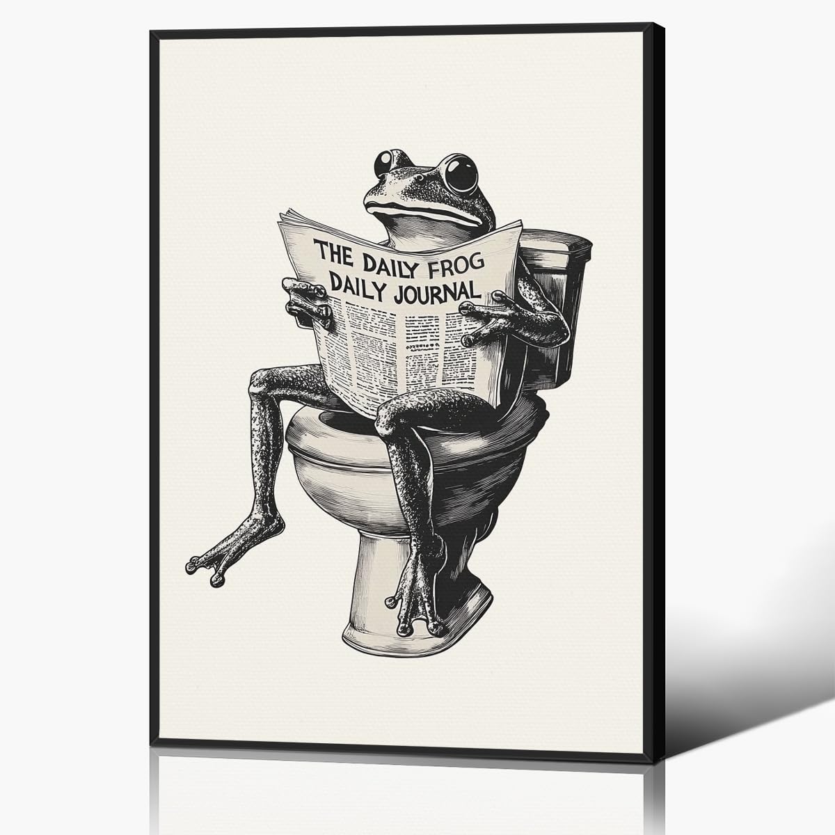 Bathroom Frog Poster, Funny Frog on Toilet Canvas Wall Art, Black and White Bathroom Wall Art, Funky Frog Reading Newspaper Print, Quirk Animal Picture for Restroom Guestroom 40x60cm Unframed