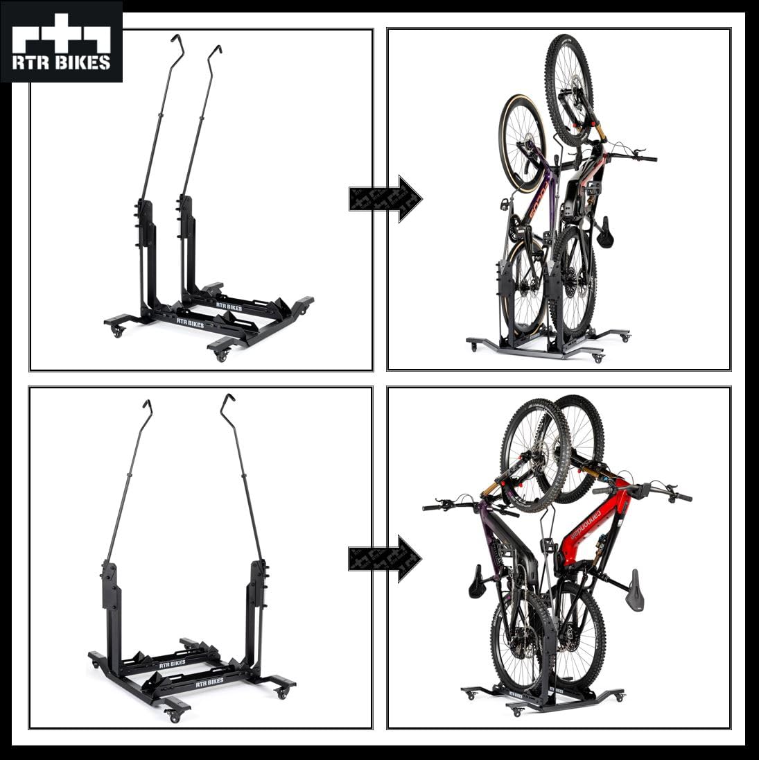 RTR BIKES Double Up Support Vélo Sol Vertical pour 2 Vélos - Râtelier Mobile sur Roulettes - Charge 60kg (2x30kg) idéal VTT & VAE - Gain de Place 0,5m² - Sans Perçage - Made in EU