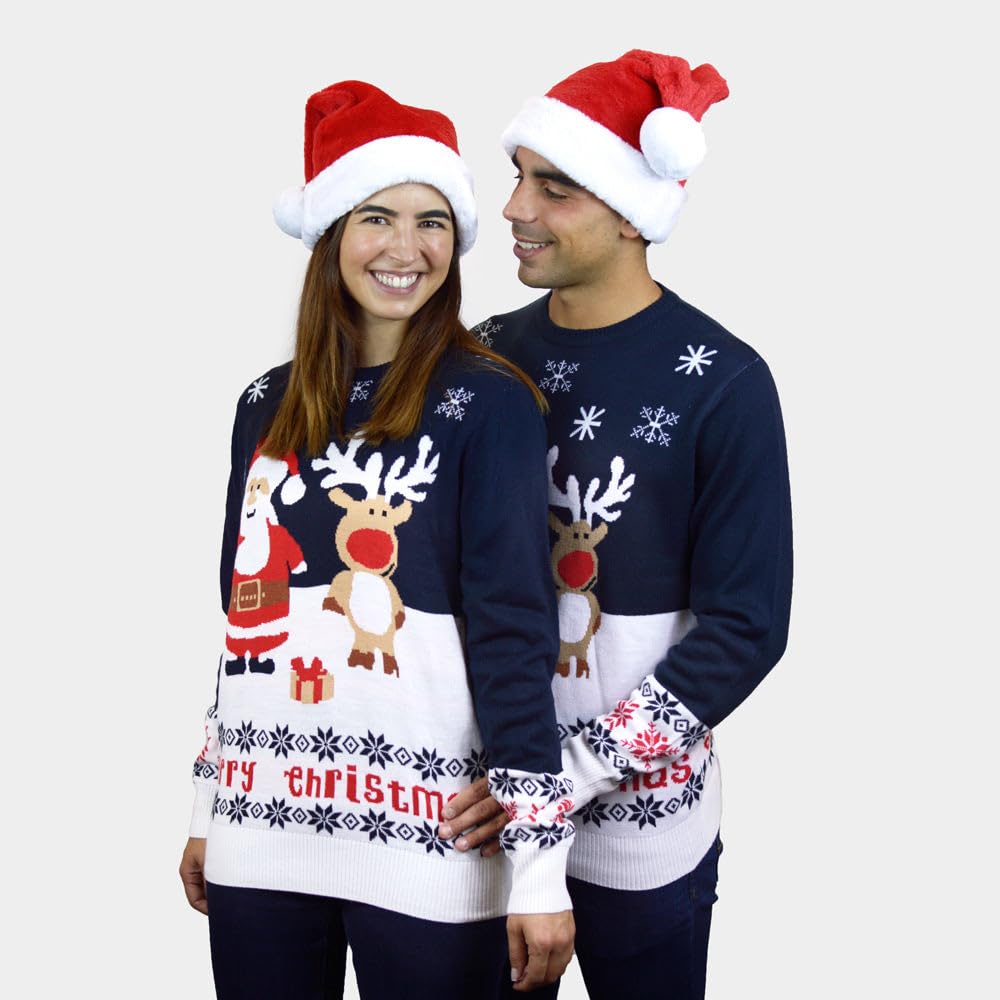 Jersey Navideño para Mujer, Hombre y Niños Azul Papá Noel y Reno Rudolph