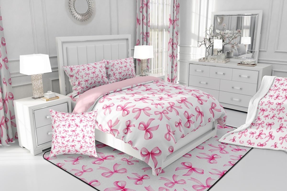 Feelyou Kawaii Pink Bow Comforter Set Twin Size Cute Coquette Bow Knot Bedding Set Bowknot Duvet Quilt Gifts for Women Teen Girl,Bedroom Decor Princess Style Microfiber 2 Pcs with 1 Pillow Cases