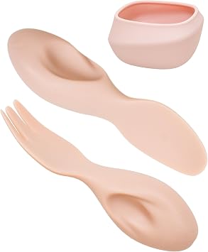 Toddler Utensils Set Ergonomic Fork and Spoon and Bowl Set Non-Slip Design for baby 1-4 Year Olds Self-Feeding BPA Free Silicone Microwave and Dishwasher Safe Fine Motor Skills Pink