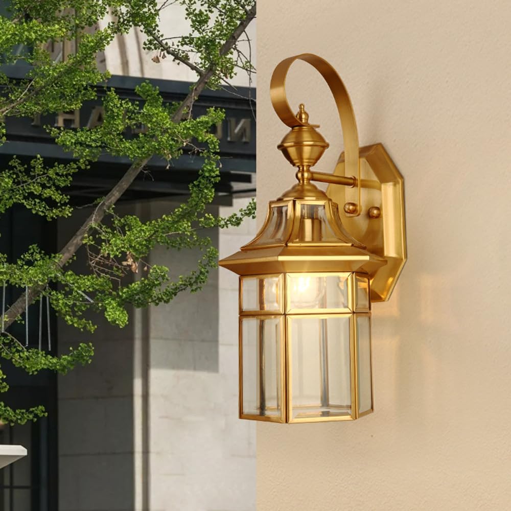 Lanterne murale d'extérieur – Applique en laiton étanche pour porche et porte d'entrée – Design en verre transparent – Finition cuivre brossé