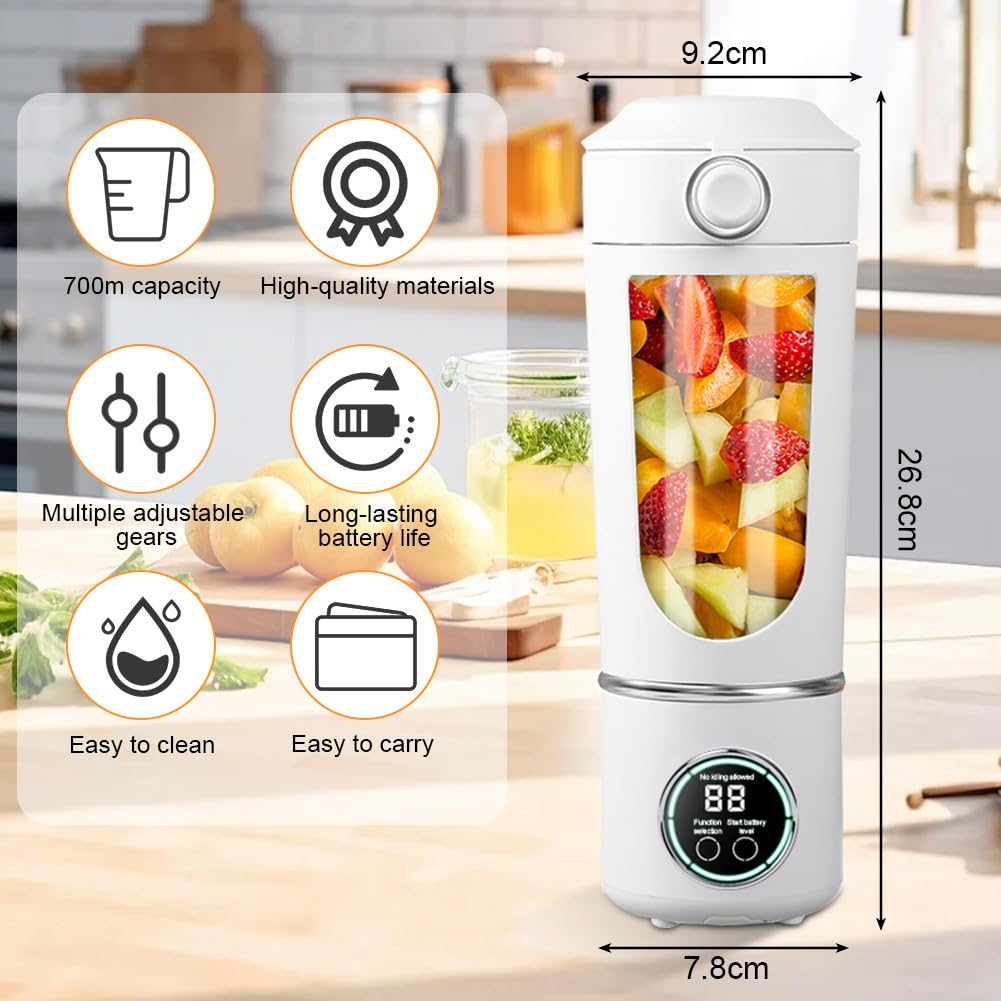 Tragbarer Mixer, 700 ml kleiner Smoothie Mixer, Mini-Standmixer mit 12 Edelstahlklingen und Digitalanzeige, BPA-freie, USB Wiederaufladbarer Mini Standmixer für Smoothie, Saft, Milchshake (Weiß)