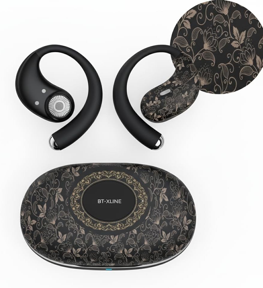 Wireless Earbuds with Ear Hooks, 36H Playtime Open Ear Bluetooth Headphones for Running & Workouts, Touch Control, Comfortable Lightweight Fit - Dark Gold Flower