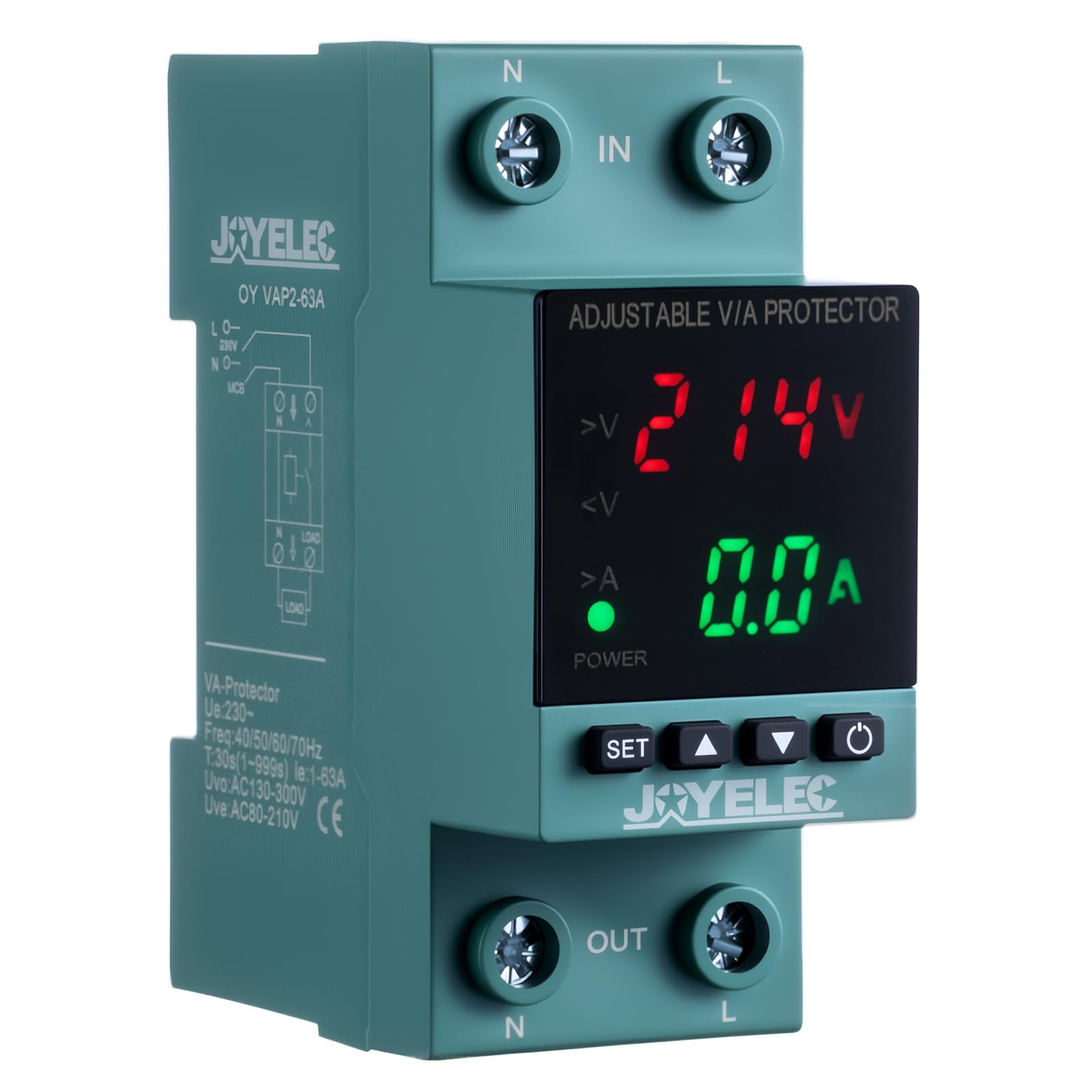 Protector de sobretensión y subtensión, estabilizador de voltaje, dispositivo de protección contra sobretensiones AC230V, relé de reinicio ajustable, voltímetro 63A, protección