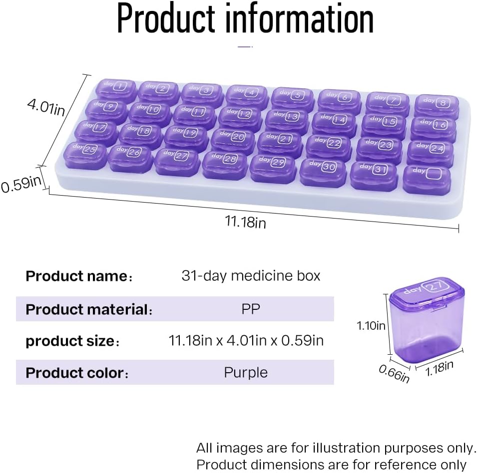 Monthly Pill Organizer, Large Travel Pill Box 31 Day, Daily Pill Case, Pill Holder Container for Vitamin, Medicine, Supplement, Fish Oil, Purple