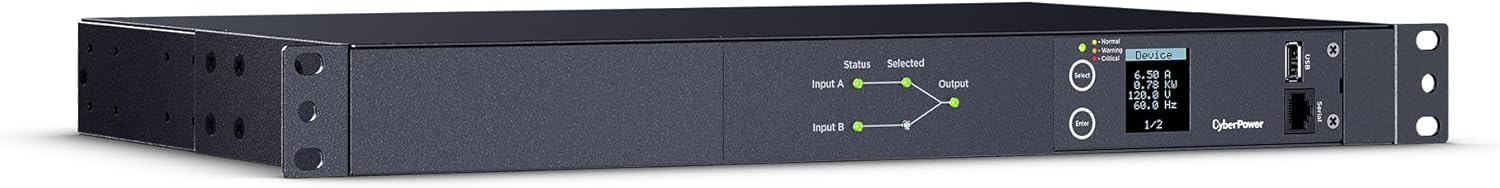 CyberPower PDU24001 Metered ATS PDU, 100-120V, 15A (Derated to 12A), 10 Outlets, 1U Rackmount