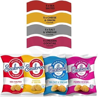 Seabrook Original Crinkle Cut Crisps | Classic Flavoured Chips Variety Box 5 x Sea Salted | 5 x Cheese & Onion | Salt & Vinegar | Prawn Cocktail | Snack Size Bags (Classic Variety Box - 25g x 20Pack)