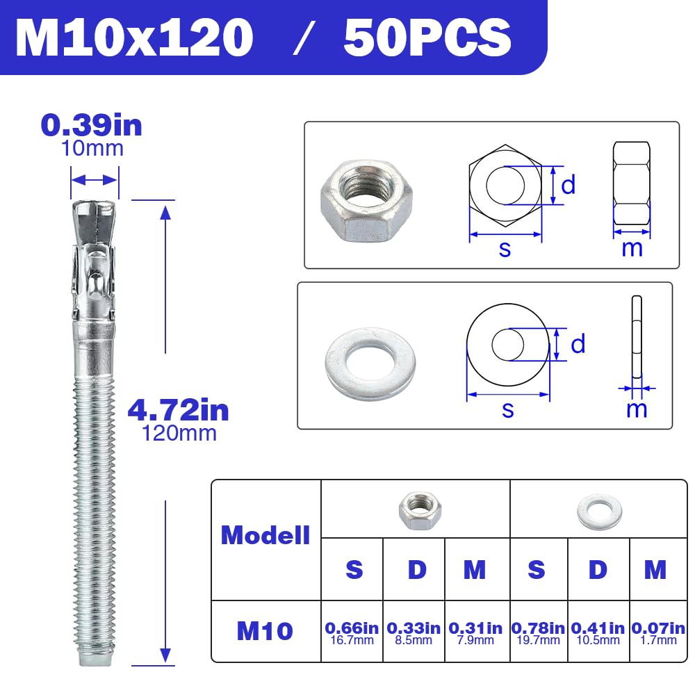 Perno Ancoraggio M10 x 120mm, 50 pezzi Bullone di Ancoraggio in acciaio al carbonio M10 Perni Ancoraggio per fissaggio carichi pesanti, calcestruzzo, muratura, pietra, mattoni, posa rapida