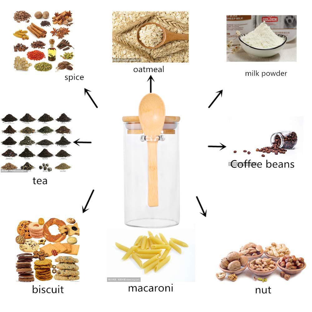 Juego de 8 tarros de vidrio con tapas y cucharas de bambú, recipientes de té pequeños herméticos de 10 onzas para té, café y azúcar sueltos, recipientes de vidrio para tarros de 4