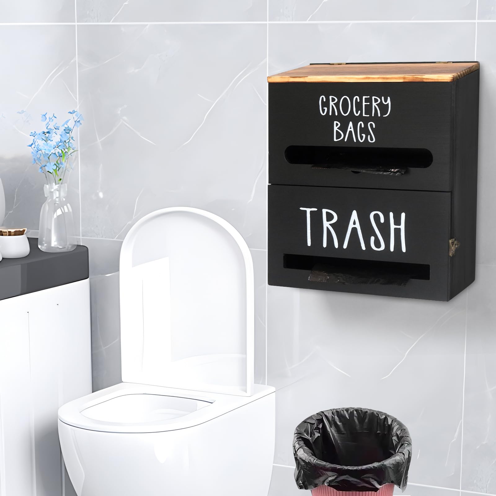 Dispensador de bolsas de basura 2 en 1, doble pared, soporte de madera para bolsas de basura, utilizado en cocina, garaje, lavandería, puede almacenar bolsas de alimentos y bolsas de basura