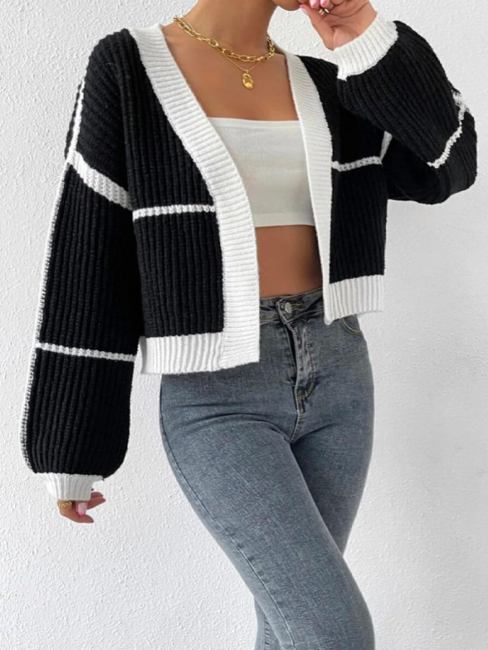 Cárdigan Corto para Mujer Cárdigan de Punto Grueso En Contraste Suéter Corto Abierto para Mujer Abrigo de Punto para Otoño e Invierno Chaqueta de Punto Jerséis Y Tops para Uso Diario.