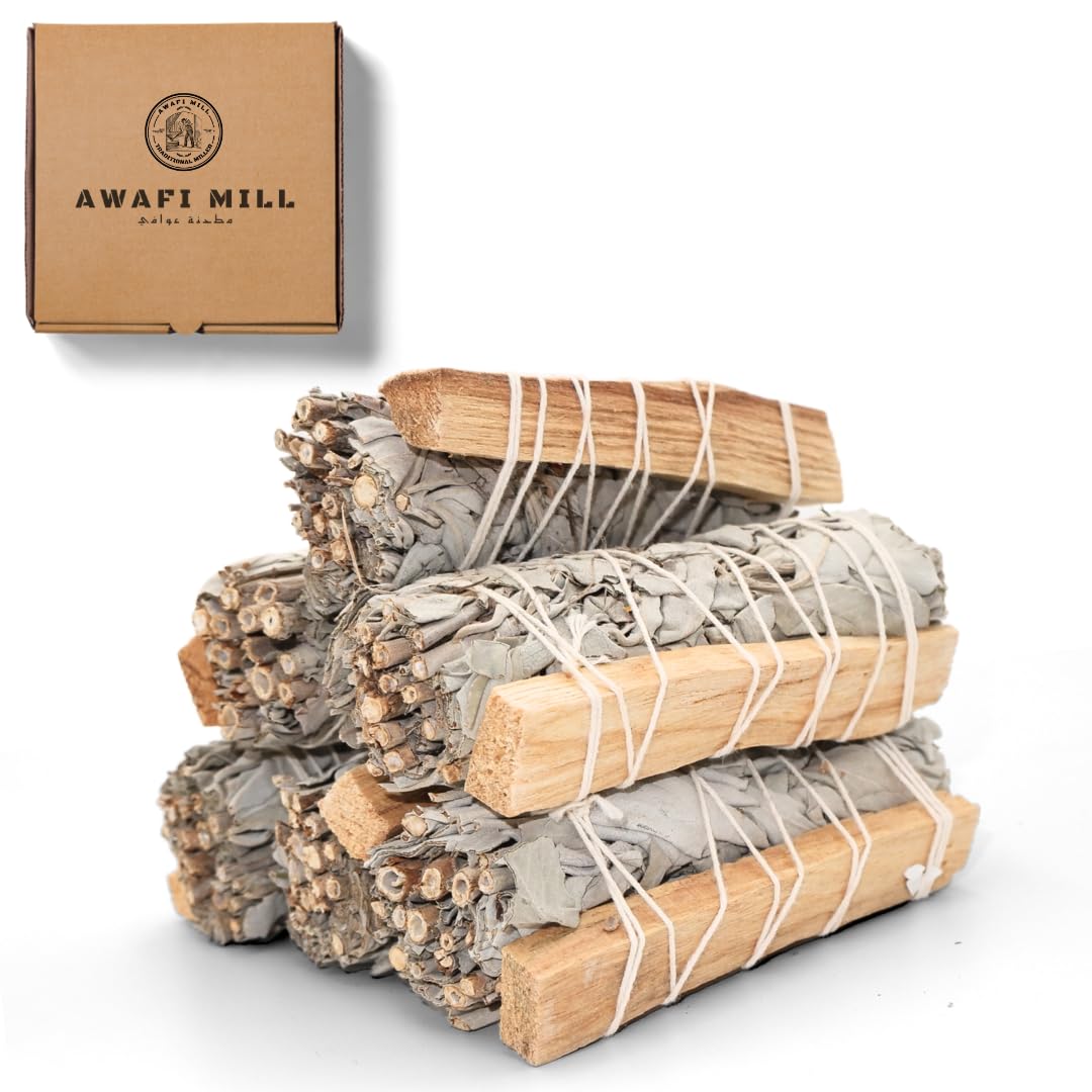 AWAFI MILL White Sage with Palo Santo Smudge Stick | Hand-Tied Aromatic Bundle for Home Fragrance, Meditation & Intention Setting | Clean Herbal–Camphor & Woody-Citrus Aroma - Pack of 3 Stick White Sage with Palo Santo Smudge Stick- Pack of 3 Stick
