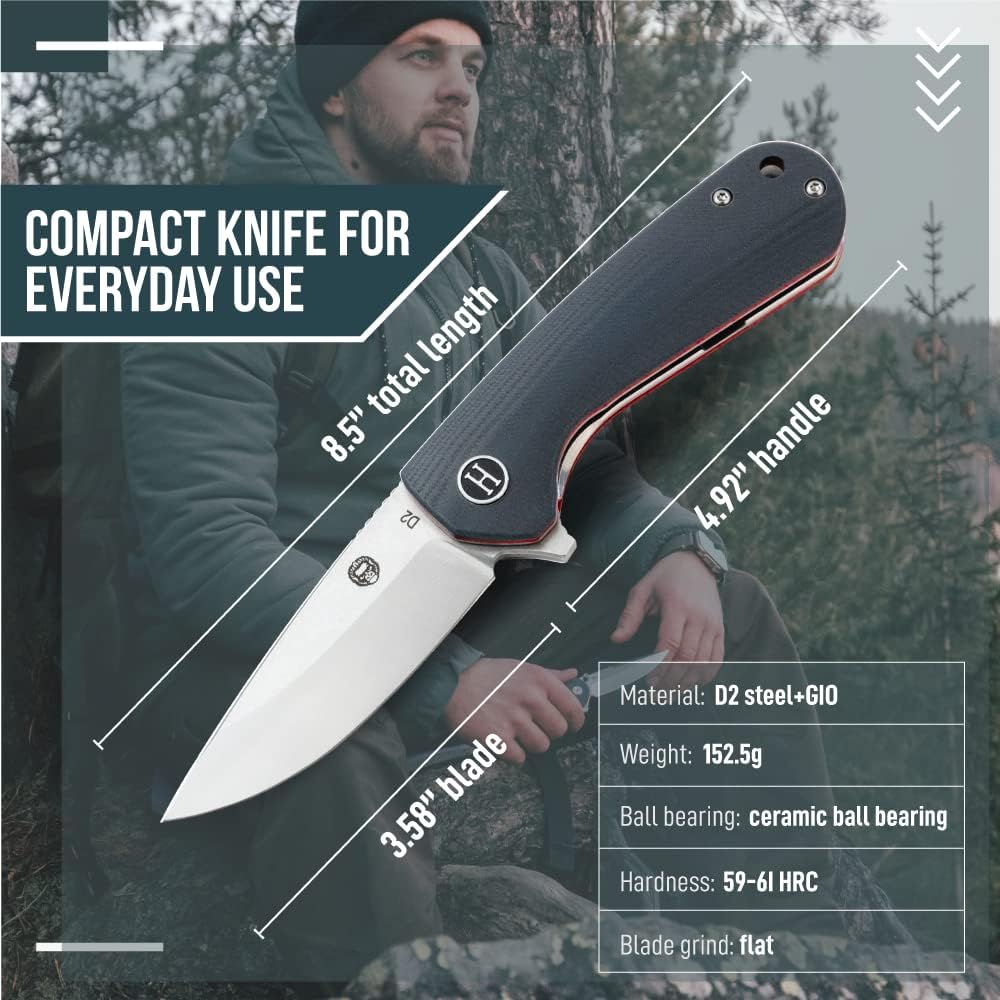 Holtzman's Gorilla Survival Peasant Folding Knife with G10 Tactical Handle, D2 Steel Blade, Gift Box Set (Grey+Red) - Great for Everyday Carry