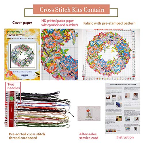 Image of ITSTITCH Printed Cross Stitch Kits 11CT 26X25 inch 100% Cotton Holiday Gift DIY Embroidery Starter Kits Easy Patterns Embroidery for Girls Crafts DMC Stamped Supplies Needlework Art of Hummingbirds
