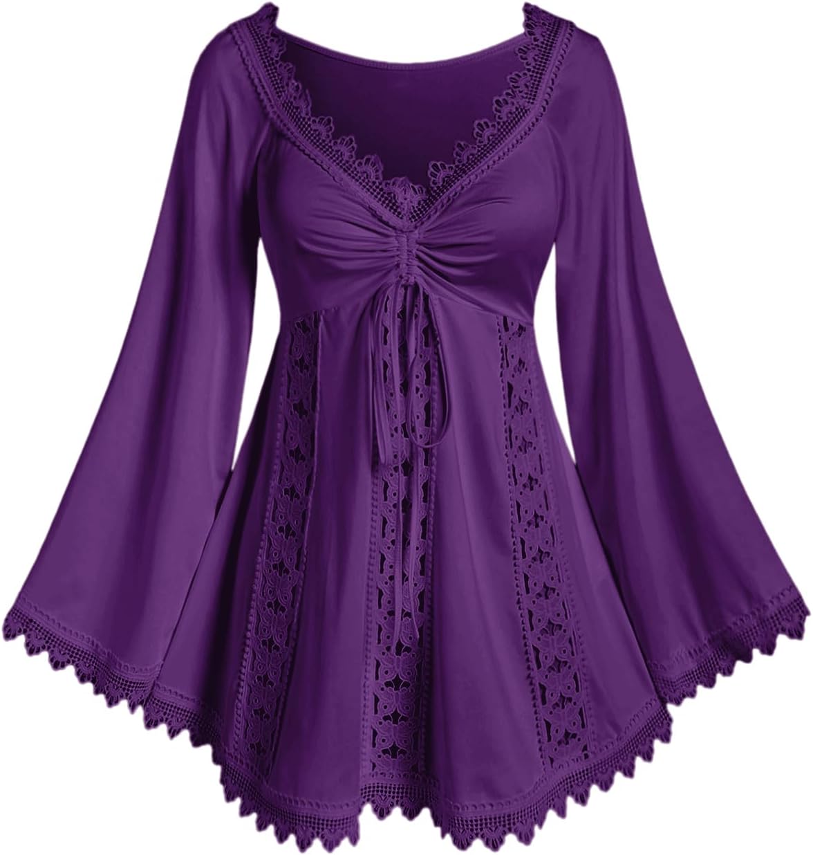 ROSE GAL Women Plus Size Lace Trim Hollow Out Cinched Flare Sleeves T-Shirt Bell Sleeves Renaissance Top