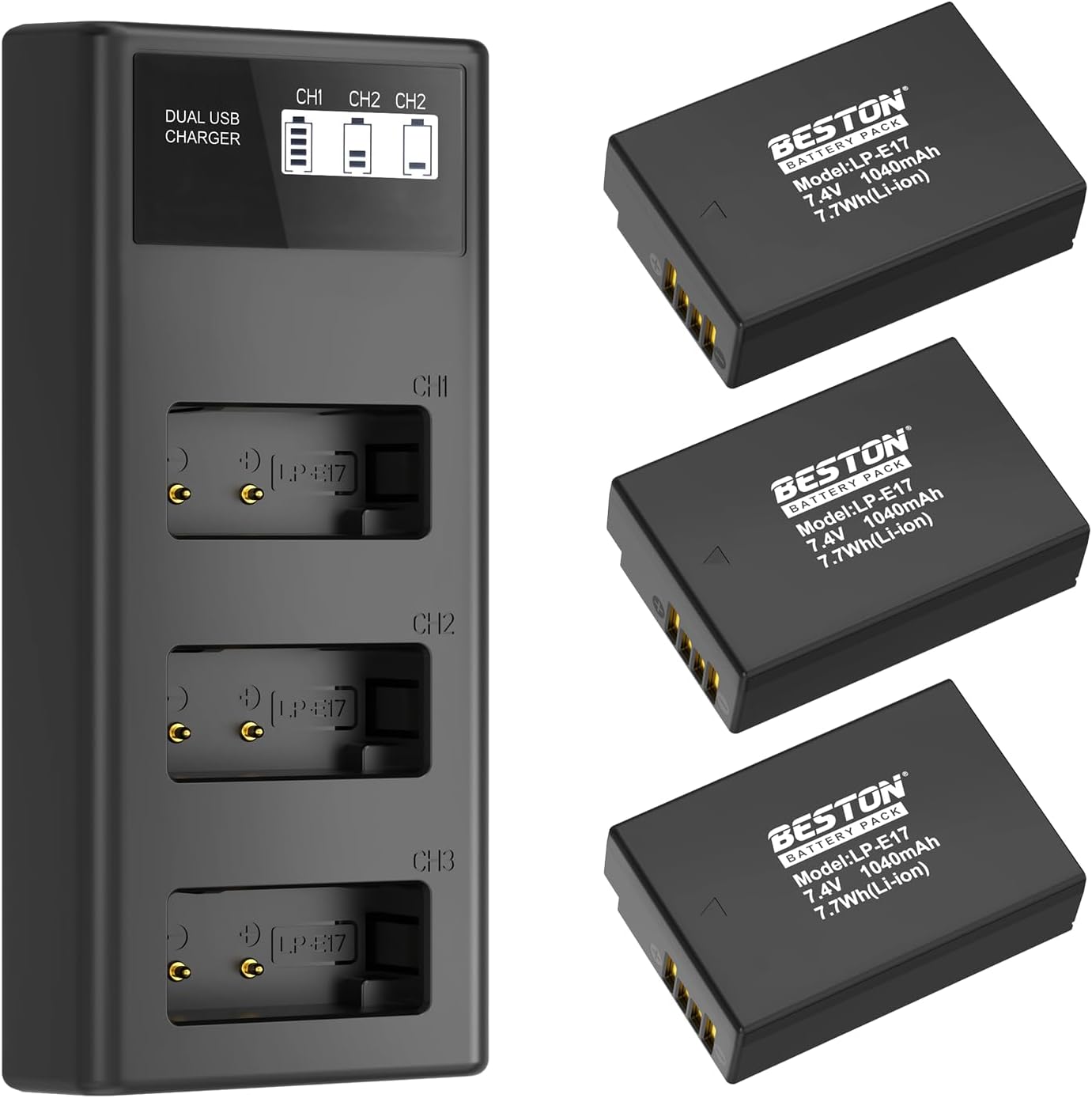 BESTON 3-Pack LP-E17 Battery and Charger Set for Canon EOS R50 R100 RP R10 R8, Rebel T8i, T7i, T6i, T6s, SL2, SL3, EOS M3, M5, R10, M6 Mark II, 77D, 200D, 750D, 760D, 800D, 8000D Camera