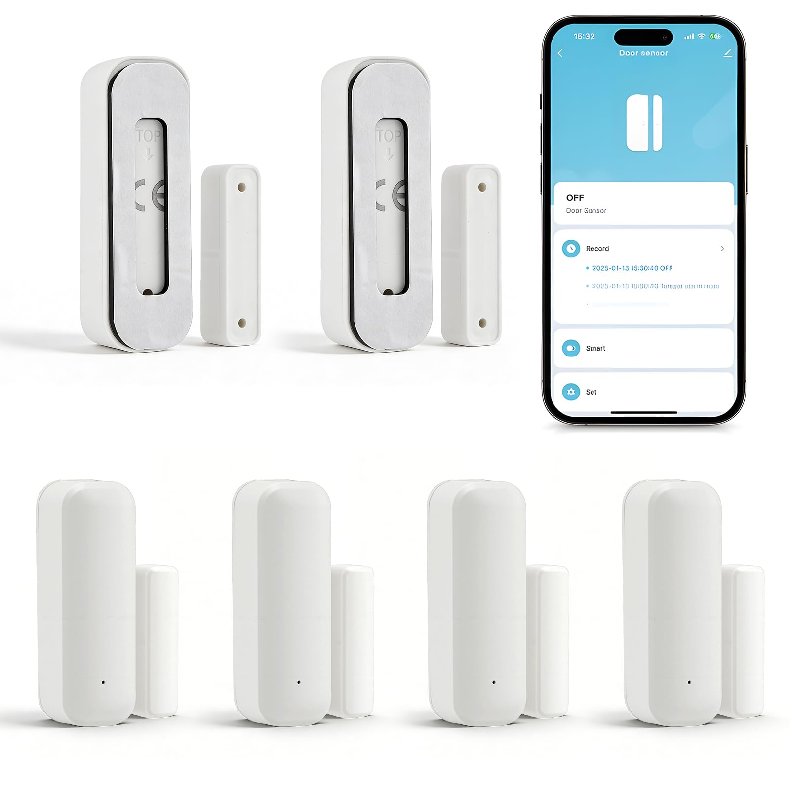 Sensor de puerta y ventana WiFi (paquete de 4) – Smart Home magnético con notificación de aplicación, compatible con Alexa/Google Assistant para mayor seguridad en casa, apartamento y garaje