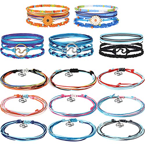 26 Pack Wave Bracelet Braided Rope Bracelet Adjustable Boho Friendship Bracelet Waterproof Handmade Summer Surfer Sunflower Bracelets Anklets Jewelry for Women Teen Girls