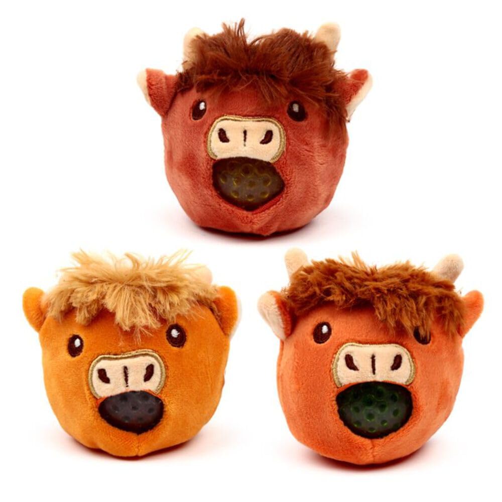 Puckator Queasy Squeezies Highland Coo Cow Plush Squeezy Toy - Small Funny Exam Gifts Stress Relief Balls Squishies - Mini Sensory Ball Toys For Adults Women Kids - Slime Party Bag Fillers