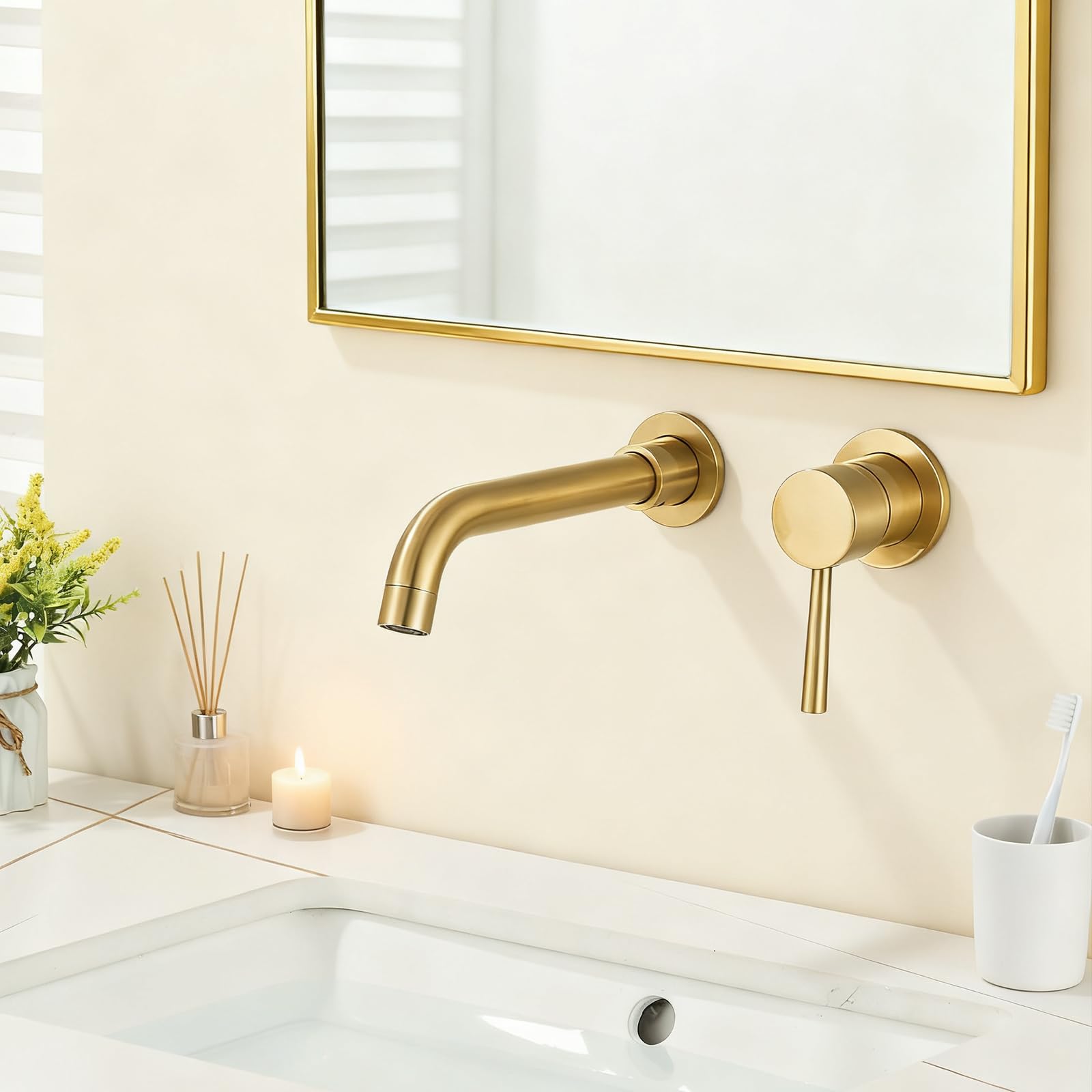 Miscelatore per lavabo a parete girevole a 360 gradi, rubinetto da bagno per vasca e lavabo, rubinetto da incasso, lavabo a parete, design moderno, oro spazzolato