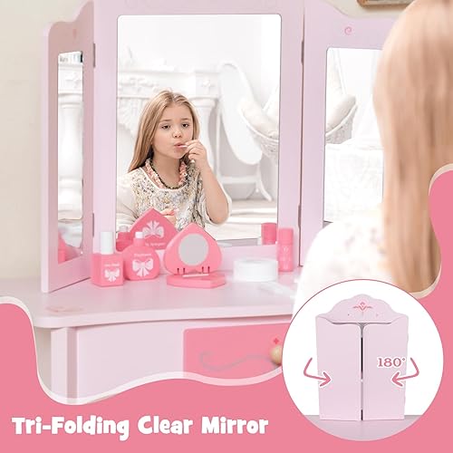 Miniatura 23 de INFANS Tocador para niños con espejo giratorio de 360° y tablero de dibujo, tocador de maquillaje de princesa 2 en 1 y taburete con accesorios,