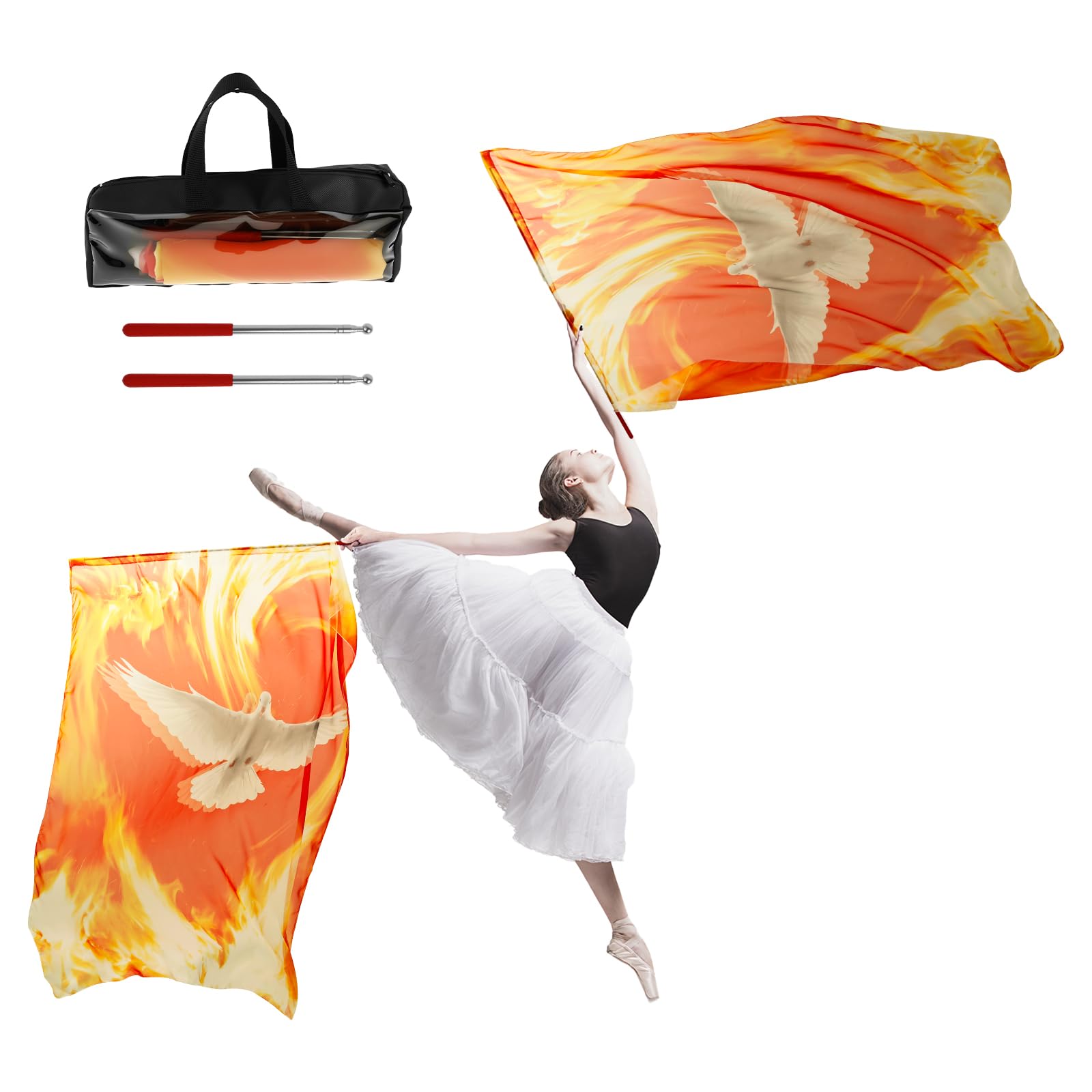 2 Pcs 67"x43" Praise Dance Worship Flags with Flexible Rod Dove Fire Worship Flag Angel Wing Flag For Girls Adults Beginner Dance Church Performance
