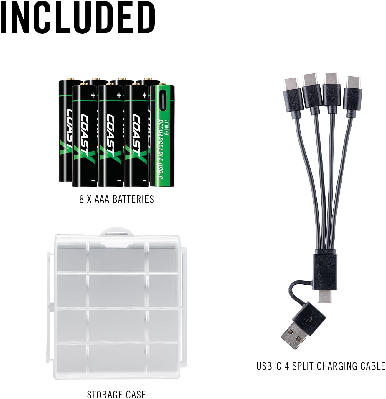 Contents of the Coast ZITHION-X AAA battery pack, including batteries, a storage case, and a USB-C 4-split charging cable.