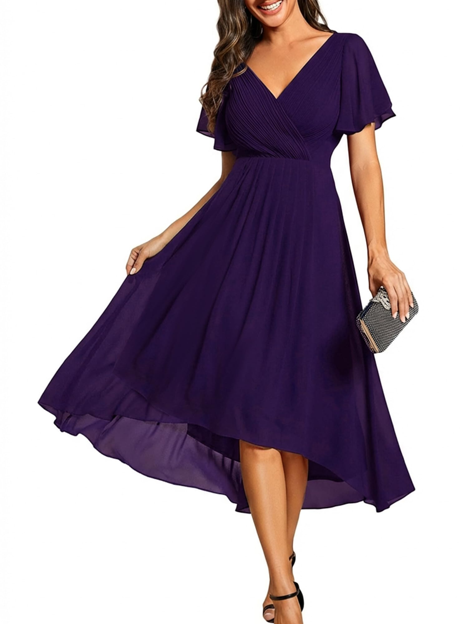Ever-Pretty Women's Summer Chiffon Formal Wedding Guest Dresses Pleated V-Neck Short Sleeves Cocktail Dress 01923