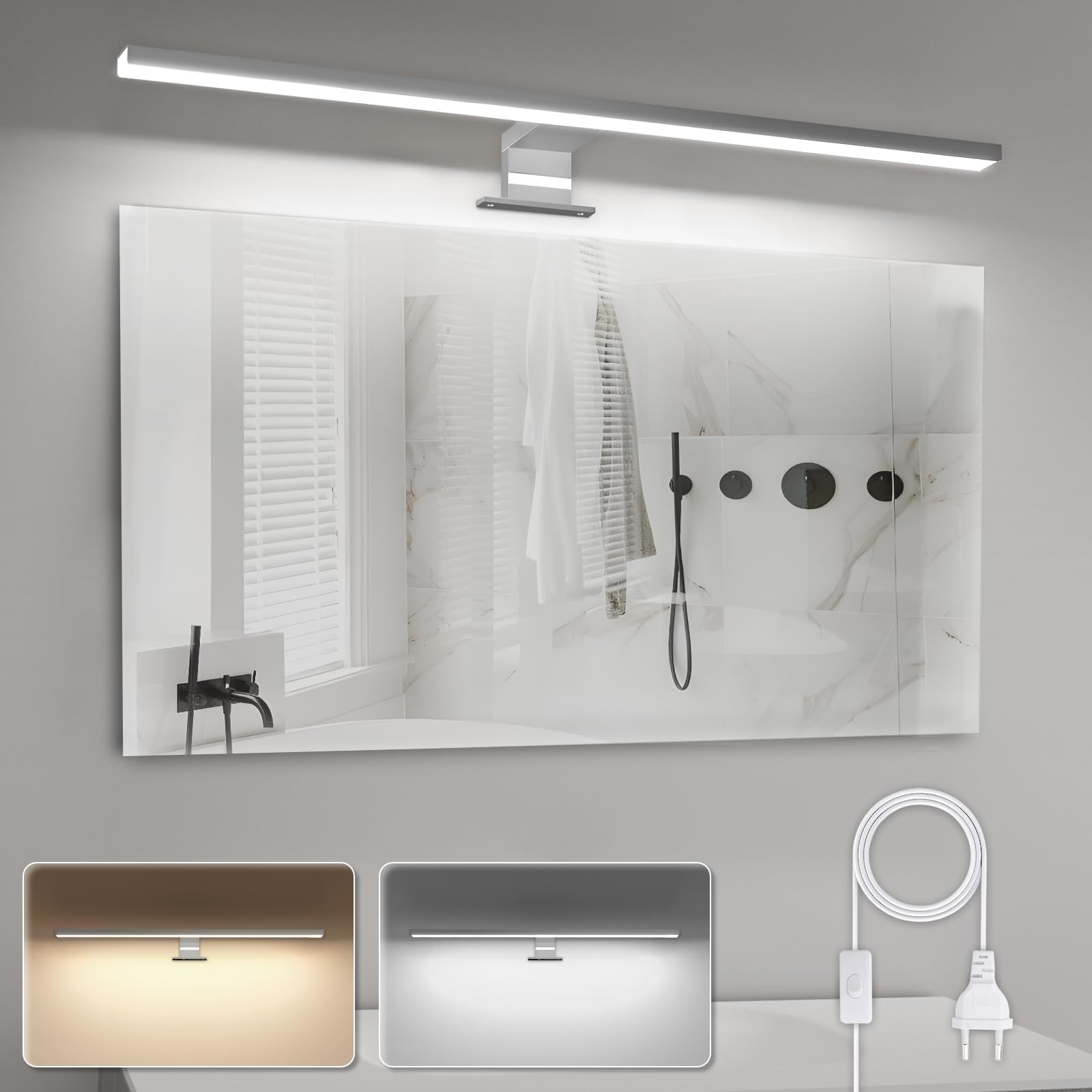 APONUO Lámpara LED de Baño 60cm | Espejo de Luz 15W | 4000K | 6000K | 1500lm | IP44 | Iluminación de Armario de Maquillaje de Acero Inoxidable 600mm Con Interruptor