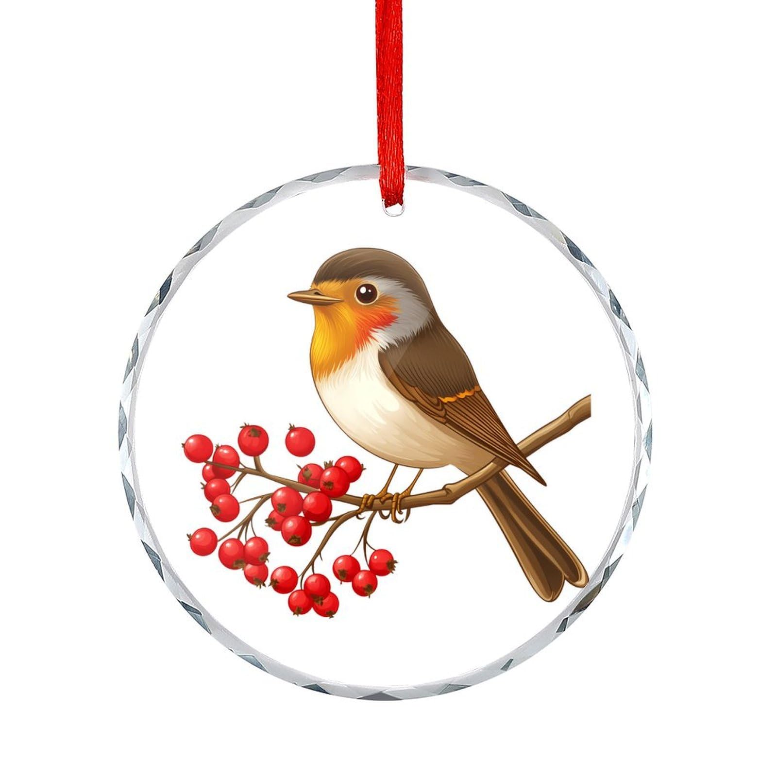 Robin Sitting on Mistletoe Tree Branch Christmas Crystal Decoration Hanging Ornament Round Pendants for Xmas Tree Party Gifts