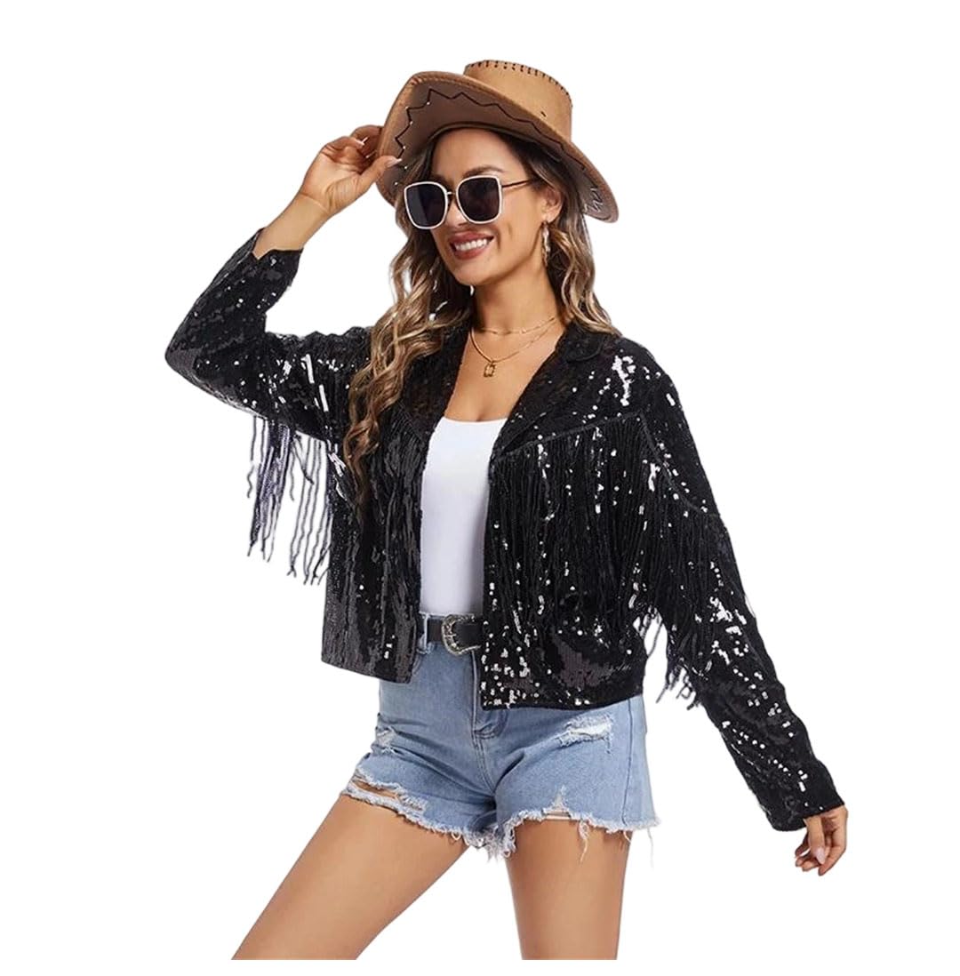Womens Sequin Fringe Jacket Long Sleeve Party Disco Outfits Vintage Coat