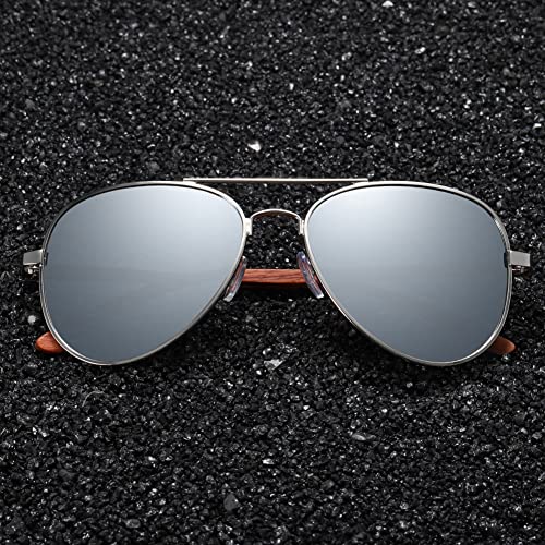 Men Aviator Style Wood Sunglasses Metal Frame Wooden Temples UV400 Polarized Lens K28013
