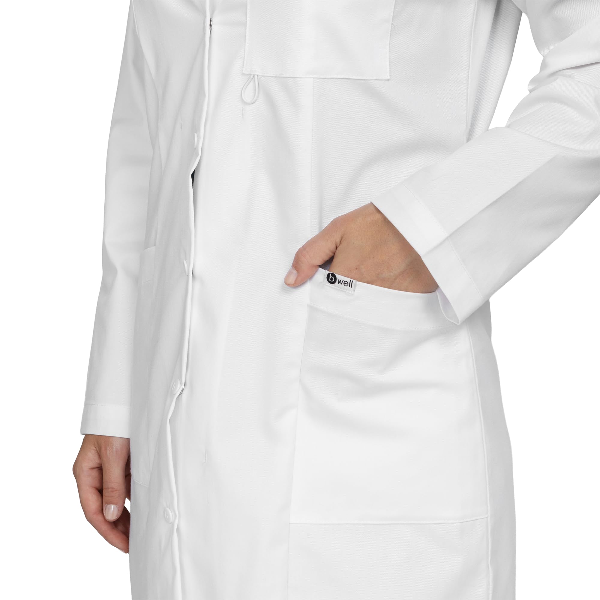 B-well Valeria profesjonalny fartuch damski z kołnierzem z odwracanym kołnierzem Valeria, damski fartuch laboratoryjny, z kołnierzem z klapą, długimi rękawami, 3 kieszeniami i ukrytym mocowaniem z