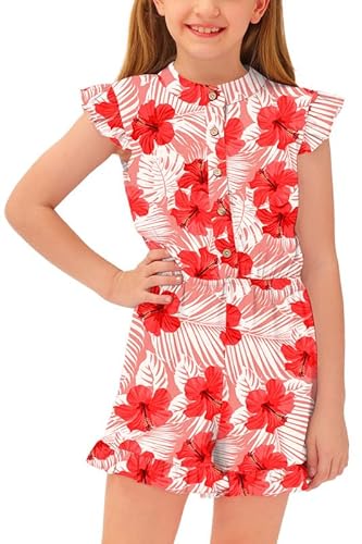 Besserbay Kid Girl's Fashion Red Floral Print Ruffle Sleeveless Elastic Waist Button Down Romper Jumpsuit 9-10 Years #TOP13