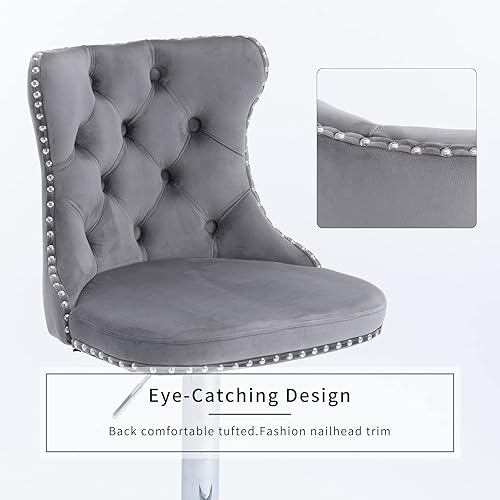 Miniatura 5 de Juego de 4 taburetes de bar de terciopelo gris, sillas giratorias ajustables de altura de mostrador con respaldo copetudo y ribete de cabeza de