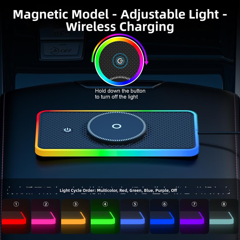 1 caricabatterie wireless per auto, 20 W, ricarica rapida con luce RGB, tappetino antiscivolo per iPhone per Android, supporto magnetico per cruscotto auto, ABS nero, uso domestico e auto (cavo