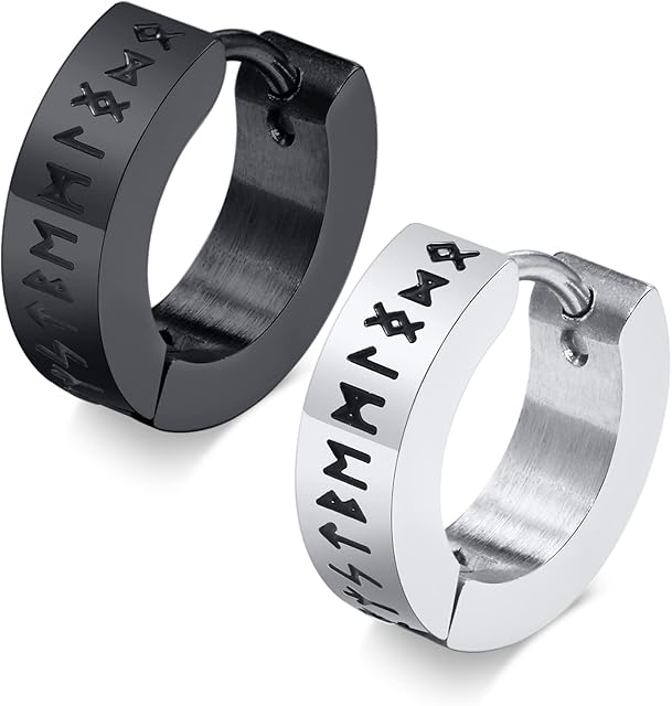 FLHEART Norse Viking Hoop Earring for Men - Amulet Protection Jewellery Gifts Stainless Steel Men's Stud Huggie Hinged Earrings with Nordic Elder Futhark Runes,Black/Silver/Gold Plated,1 Pair
