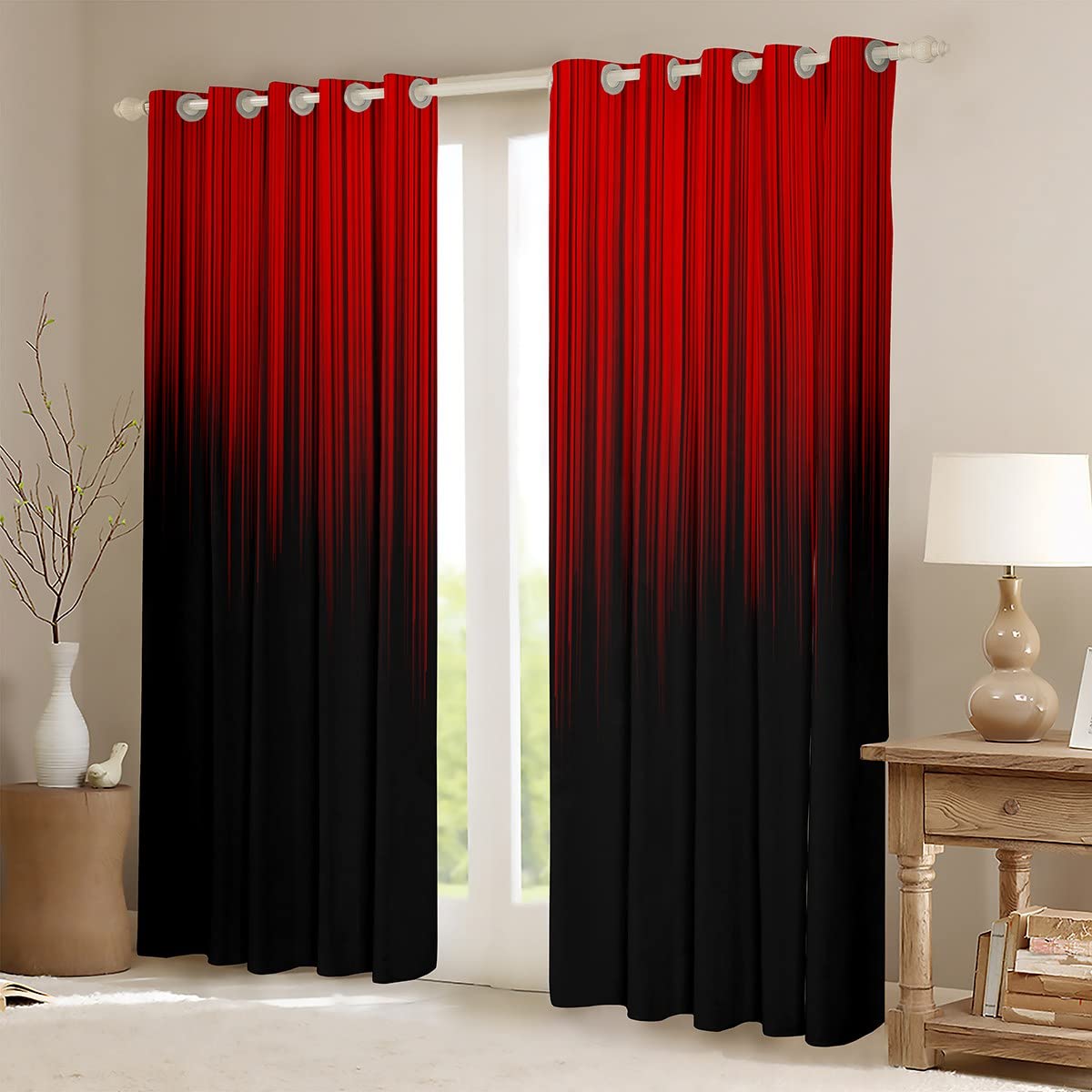 Feelyou Tende per finestre per bambini e ragazzi, motivo geometrico rosso e nero, motivo bohémien, tende per finestre, trattamenti, design semplice sfumato, per soggiorno, camera da letto, 106 x 160