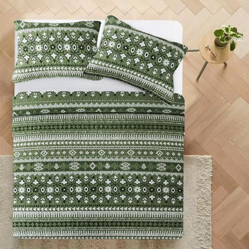 VAPUTAR Boho Quilts King Size, Stripe Reversible King Quilt Set, Lightweight All-Season Coverlet & Boho Bedspread- 3 Piece/Green