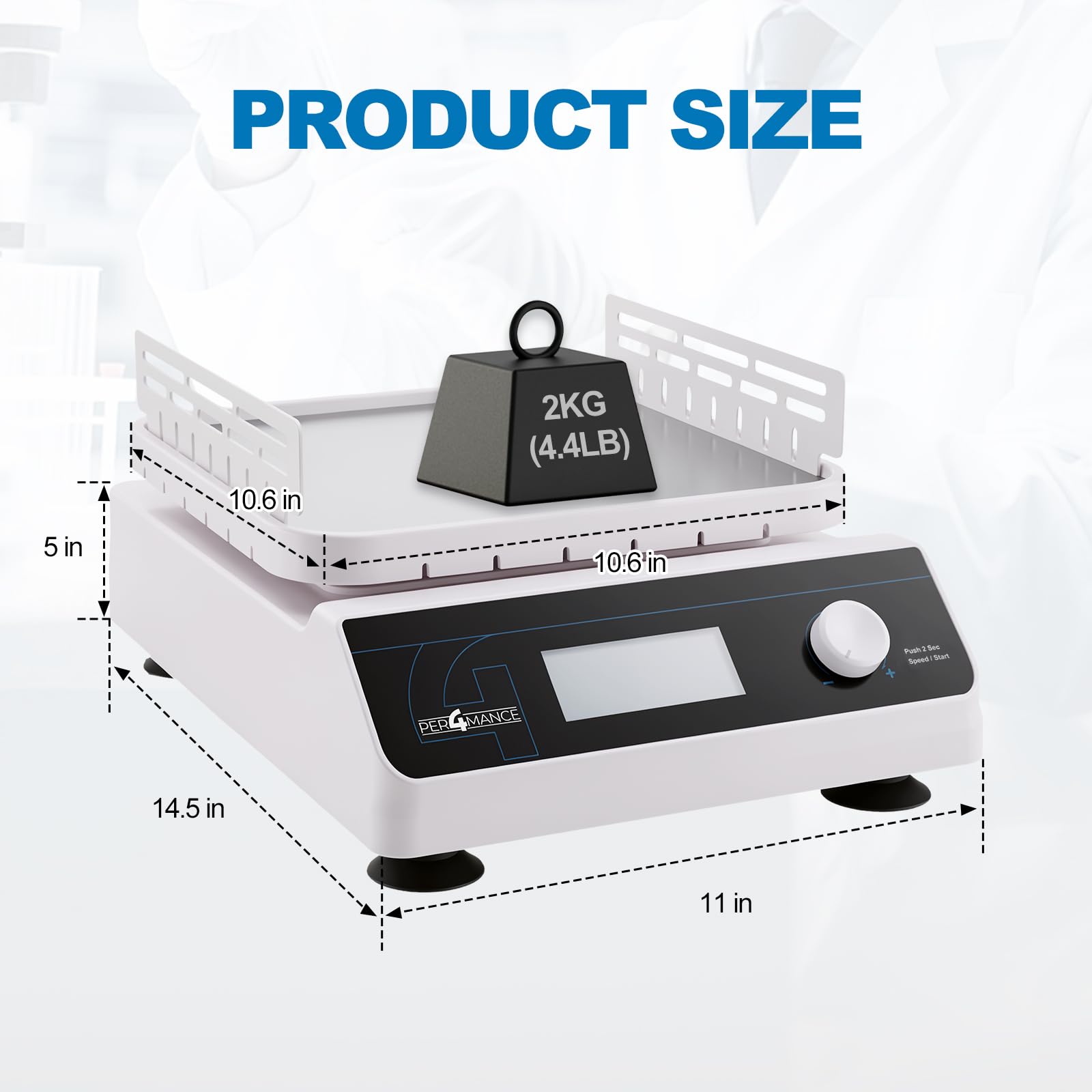 PER4MANCE Agitatore orbitale con ampiezza di 20 mm, velocità regolabile 40-300 giri/min, capacità 2 kg, display LCD, timer (1 min-23 h59 min) e modalità continua per laboratorio