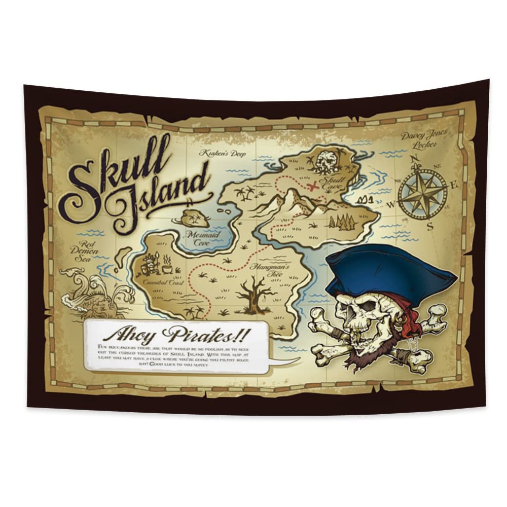 YONGFOTO 100x70cm Vintage Map Tapestry, Old Pirate Maps Treasure Skull Island Ocean Sea Waves Compass Wall Hanging Blanket for Living Room Dorm Decor Sofa Carpet