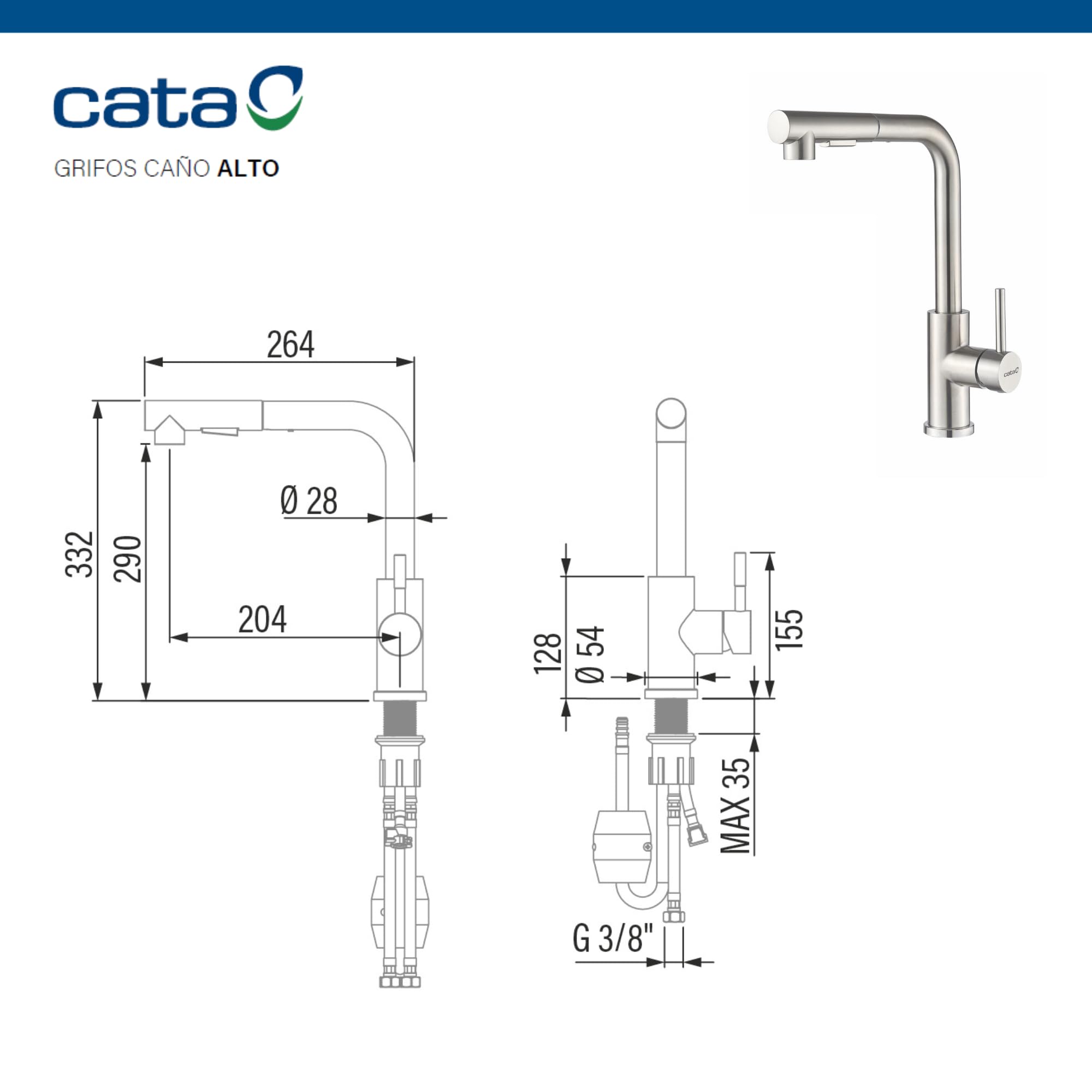 CATA Grifo de Cocina XSE X/B, Caño Alto, Monomando, Cartucho Cerámico, Giratorio 360º, Extraíble, Aireador, Anti Calcáreo, Satinado, Reductor Caudal 5L, Función Ducha, Flexible Acabado Inoxidable